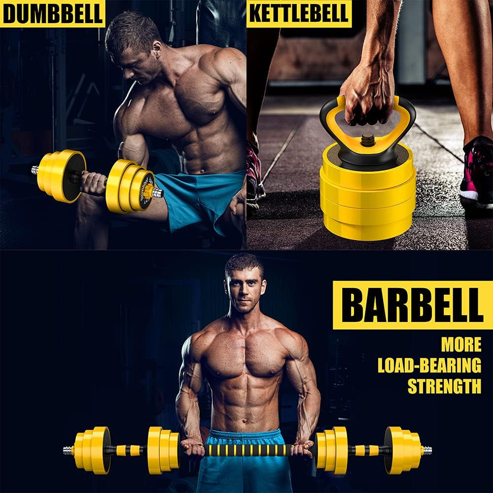 66Lbs Adjustable Dumbbell Barbell Kettlebell, Free Weights 3-In-1 Dumbbell Barbell Kettlebell Set, Non-Slip Hand Dumbbell for Home, Gym, Office